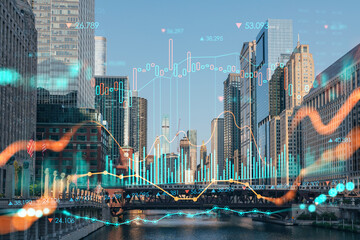 Panorama cityscape of Chicago downtown and Riverwalk, boardwalk with bridges at sunset, Illinois, USA. Forex graph hologram. The concept of internet trading, brokerage and fundamental analysis