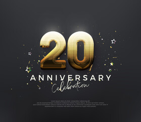 Fototapeta na wymiar 20th anniversary celebration, with shiny gold numbers on a black background.