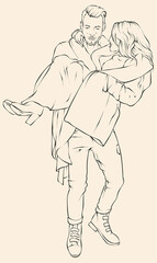 Fototapeta na wymiar Young loving couple. Sensual ink portrait of a young stylish couple. Loving couple hugging, couple hugging and flirting. Hand drawn illustration.