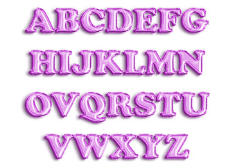 Full English alphabet of purple color inflatable balloon isolated on transparent background
