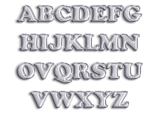 Full English alphabet of silver color inflatable balloon isolated on transparent background