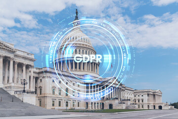 Capitol dome building exterior, Washington DC, USA. Home of Congress and Capitol Hill. American political system. GDPR hologram, concept of data protection regulation and privacy for all individuals