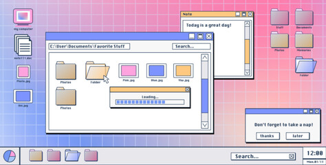 Computer screen with 90s retro software windows open on desktop. Vector illustration of folder, file, document, loading progress bar icons and pop-up notifications. Vaporwave user interface design