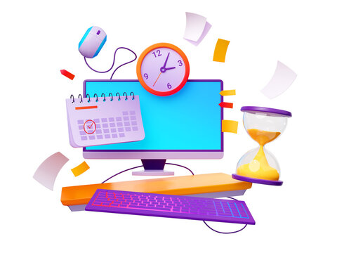 Work deadline concept. 3D illustration of desktop computer, clock, date marked in calendar with red checkmark, hourglass and note papers isolated on white background. Busy schedule. Time management