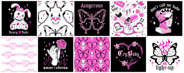 Glamour gothic love collection of emo stickers, y2k seamless patterns, square social media posts with goth slogans.Creepy black pink concepts with wire hearts, fire flame frames and vintage fun skulls - obrazy, fototapety, plakaty