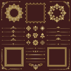 Vintage set of brown and golden vector horizontal, square and round elements. Elements for backgrounds and frames. Classic patterns. Set of vintage patterns