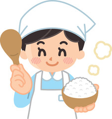調理師の女性と山盛りご飯