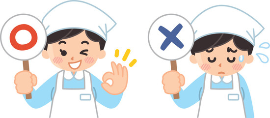 調理師の女性と○×の札