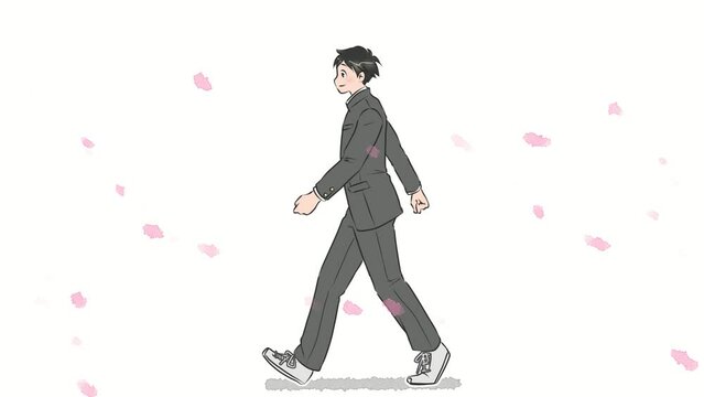 歩き続ける男子学生と花びらが舞うループアニメーション