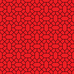 Black diamond shape and diagonal line pattern on red background. Linked diagonal line and hexagon shape. Black lattice pattern on red background. Abstract maze backdrop.