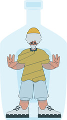 A man is a hostage inside a bottle. Alcohol addiction.