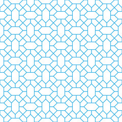 Blue diamond shape and diagonal line pattern on white background. Linked diagonal line and hexagon shape. Blue lattice pattern on white background. Abstract maze backdrop.