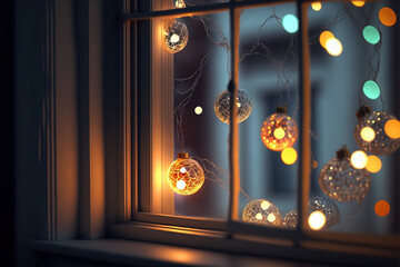 Christmas decoration light garland decorating a window. Hygge, decoration and Christmas concept - candles burning in lanterns on window sill and festive garland string at home. Digital artwork
