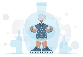 The concept of treatment for alcohol addiction. The guy is inside the bottle.