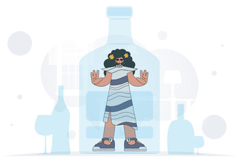 The concept of alcohol addiction. Woman inside the bottle.