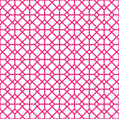 Pink line pattern on white background. A linked diagonal line shape. Pink lattice on white backdrop.