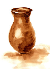Single old jug on the table with some shadow. Hand drawn illustration with coffee as art material on watercolor paper texture. Raster image. Coffeedrawn collection