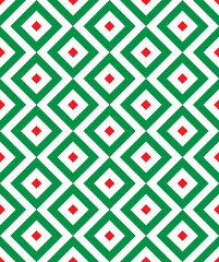 Green and red diagonal square pattern. Green and red stripes pattern on white background. Colorful diagonal wallpaper. Abstract background.