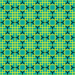 Colorful square and hexagon interlaced pattern on green background. Black and yellow interlocking pattern on green backdrop.