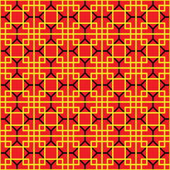 Colorful square and hexagon interlaced pattern on red background. Black and yellow interlocking pattern on red backdrop.