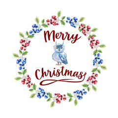 Watercolor cute animal owl, red and blue berries wreath, hand drawn portrait illustration isolated on white background. Beautiful floral arrangement with watercolor cute wolf and wildflowers owl