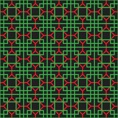 Colorful square and hexagon interlaced pattern on black background. Red and green interlocking pattern on black backdrop.