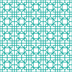 Colorful square and hexagon interlaced pattern on white background. Green interlocking pattern on white backdrop.