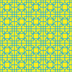 Colorful square and hexagon interlaced pattern on yellow background. Blue interlocking pattern on yellow backdrop.