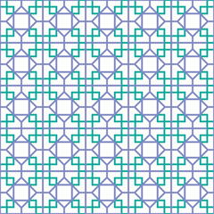 Colorful square and hexagon interlaced pattern on white background. Purple and green interlocking pattern on white backdrop.