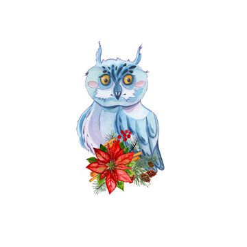 Watercolor cute brown owl, with poinsettia flowers. Canada. Christmas Star. illustration isolated on white background. Beautiful flower arrangement with watercolor cute cartoon animal © Elena