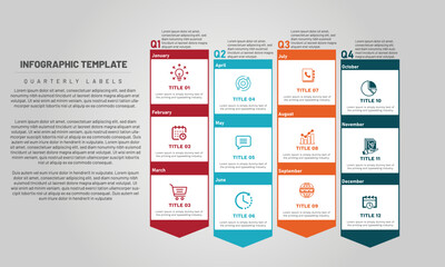 Year Planner, Timeline Infographics Template, Vector  timeline design template with 12 label, 12 months 1 year, Vector can be used for workflow layout, diagram, number step up options. - obrazy, fototapety, plakaty