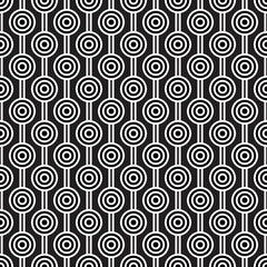 White maze circle and white line pattern on black background. Colorful seamless interlocking circle pattern on black backdrop.