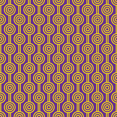 Yellow maze circle and white line pattern on purple background. Colorful seamless interlocking circle pattern on purple backdrop.