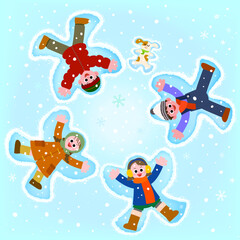 Vector winter holiday flat background with top view of happy kids and dog making snow angels vector illustration