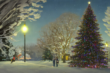 Obraz premium Magnificent christmas tree in a beautiful night, Generative AI technology