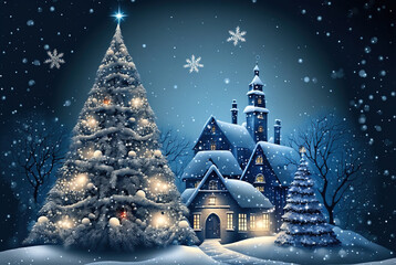 Obraz premium A Christmas scene with a house, a Christmas tree and a snowy winter background at night. A generative AI Illustration.