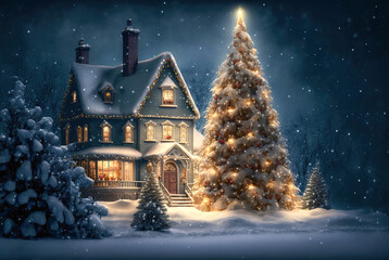 Fototapeta premium A Christmas scene with a house, a Christmas tree and a snowy winter background at night. A generative AI Illustration.