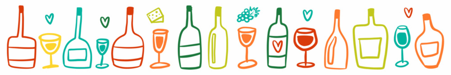 Vector horizontal pattern with wine bottles and glasses, hand-drawn in doodle style