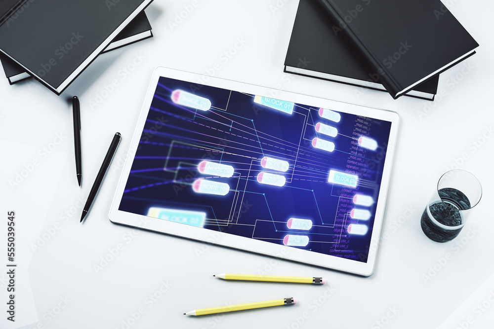 Fototapete Top view of modern digital tablet display with abstract software development hologram, research and analytics concept. 3D Rendering