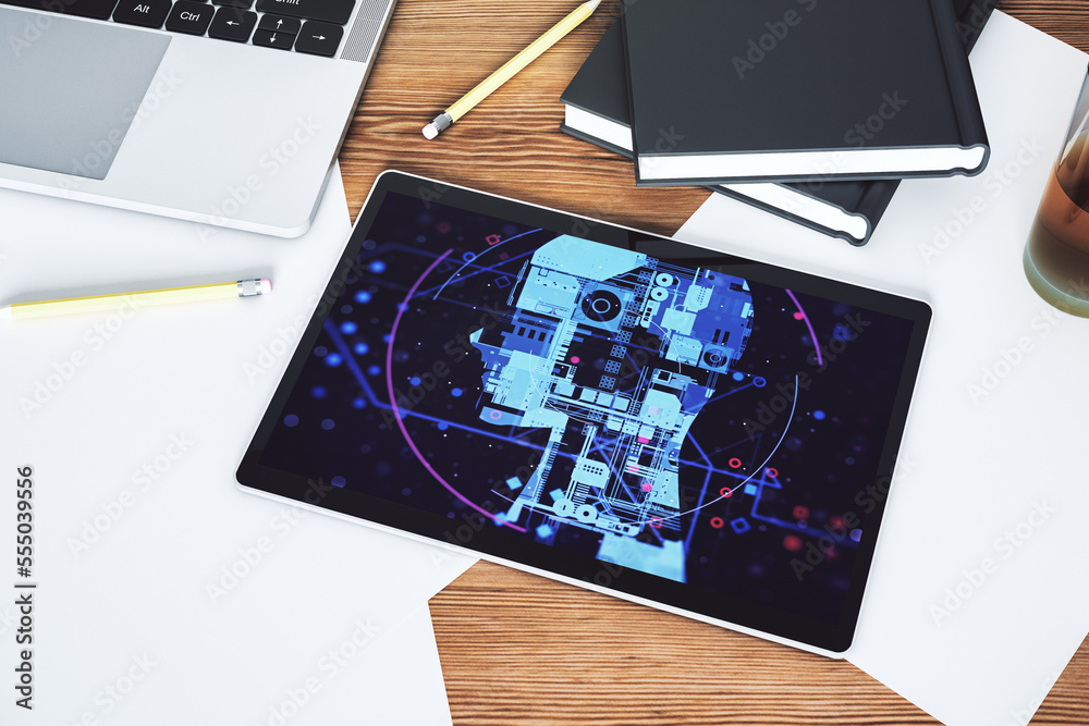 Poster top view of modern digital tablet monitor with creative artificial intelligence symbol. neural netwo