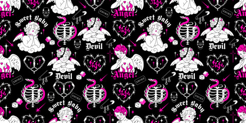 Fototapeta premium Y2k pink gothic wallpaper. Devil and angel, wire heart, black and pink goth elements on dark background. Emo goth 2000s concept of love. Vector hand drawn backdrop, fabric. 90s, 00s aesthetic.
