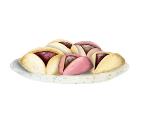 Jewish Purim Hamantaschen cookies with poppy seeds on white plate, watercolor hand drawn illustration