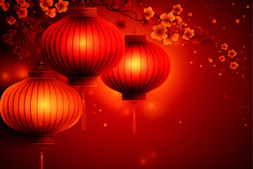 Red background with traditional Chinese lanterns, Chinese New Year 
