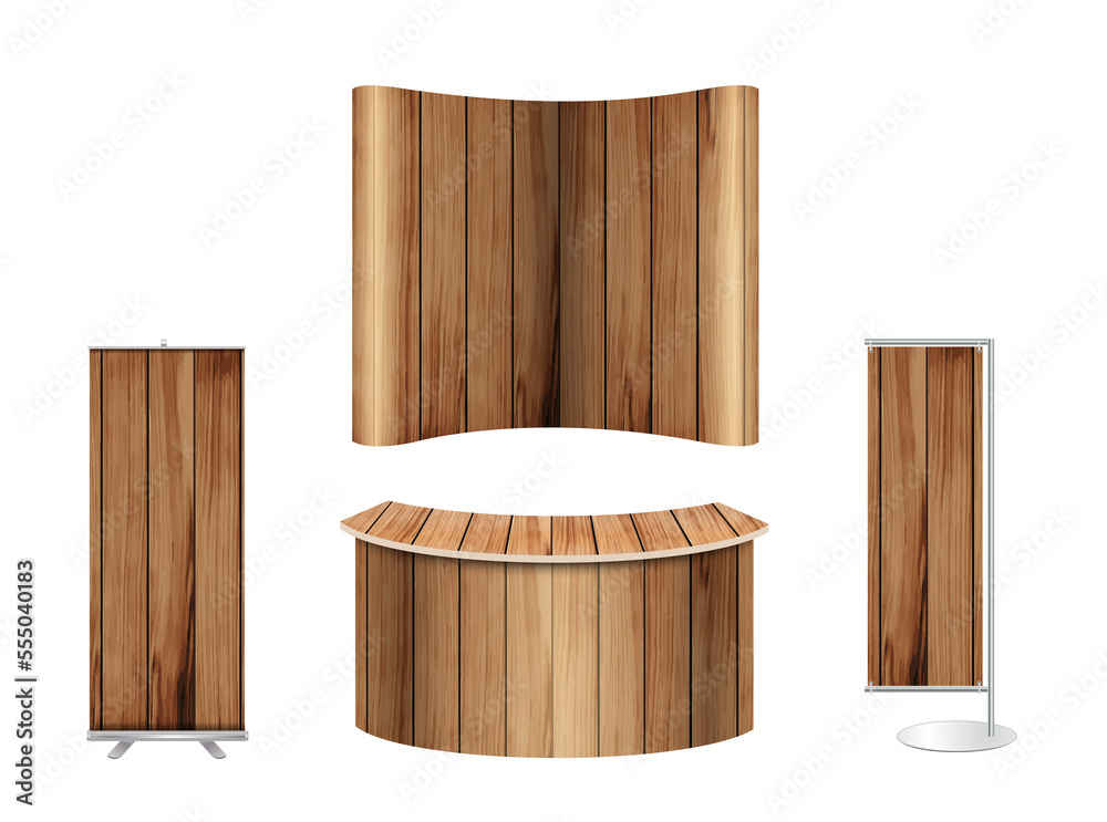 Poster trade show booth exhibition stand design mock up. front view with wood texture background