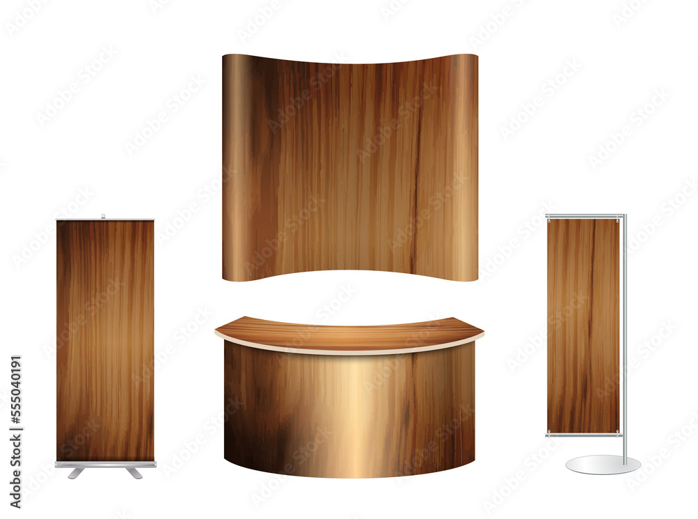Poster trade show booth exhibition stand design mock up. front view with wood texture background