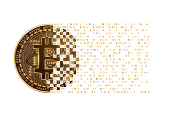 Bitcoin digital currency golden coin isolated on white background.