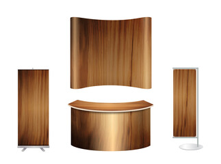 Trade show booth exhibition stand design mock up. Front view with wood texture background
