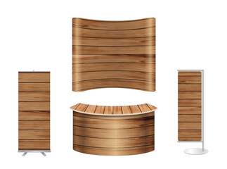 Trade show booth exhibition stand design mock up. Front view with wood texture background