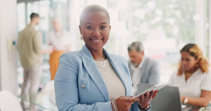Face, leadership and black woman with tablet in meeting for advertising or marketing strategy. Boss, ceo and female entrepreneur with touchscreen for research, email or internet browsing in workplace
