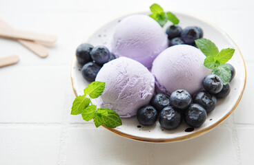 Homemade blueberry  ice cream with fresh blueberries
